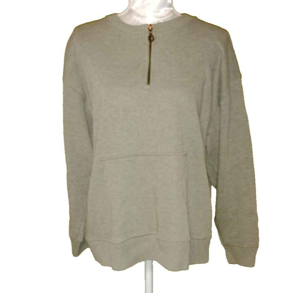 Cotton Country Women's 1X Gray Quarter Zip Sweater Kangaroo Pocket Vintage
